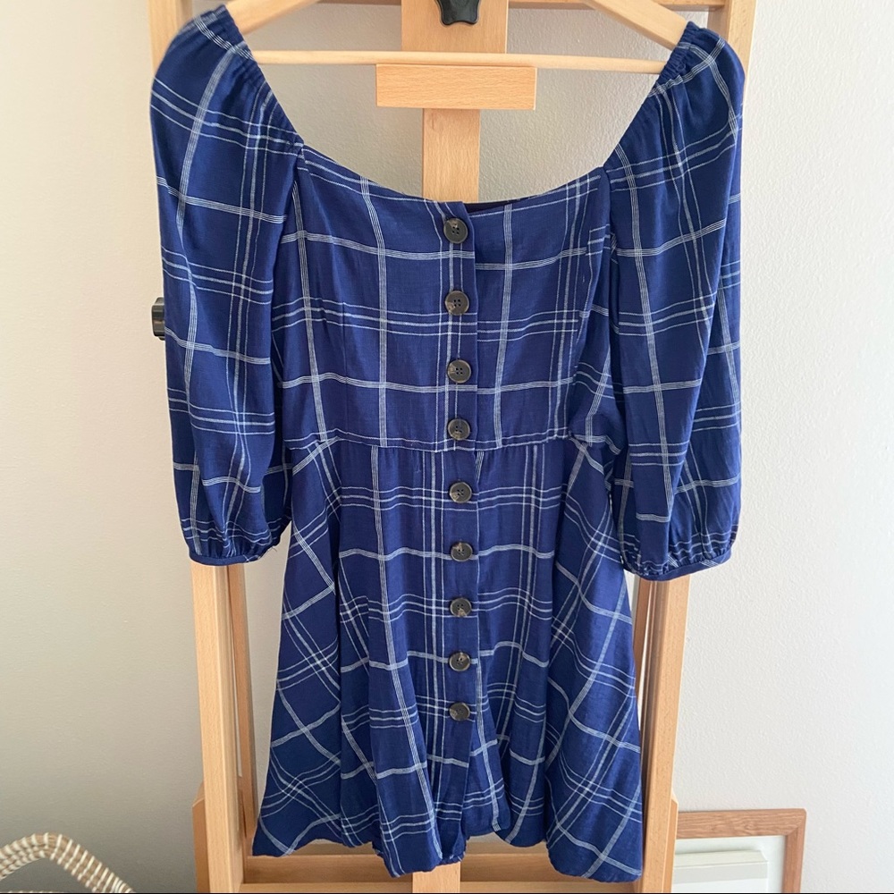 Melloday Blue Plaid Button Up Babydoll Dress